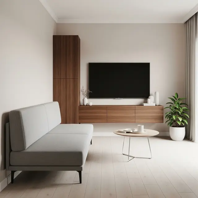 Layout Ruang Tamu Sempit dengan Rak TV Tempel dan Lemari Tipis
