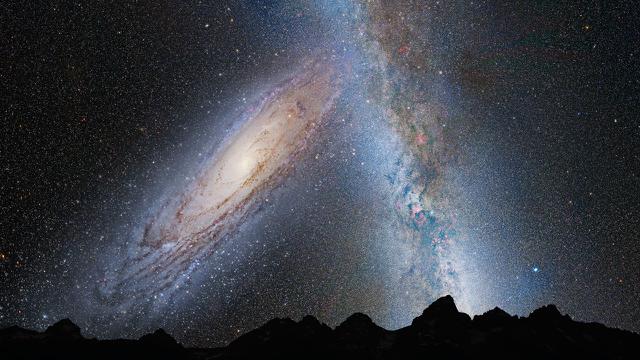 Ilustrasi Andromeda dan Galaksi Bima Sakti di langit malam