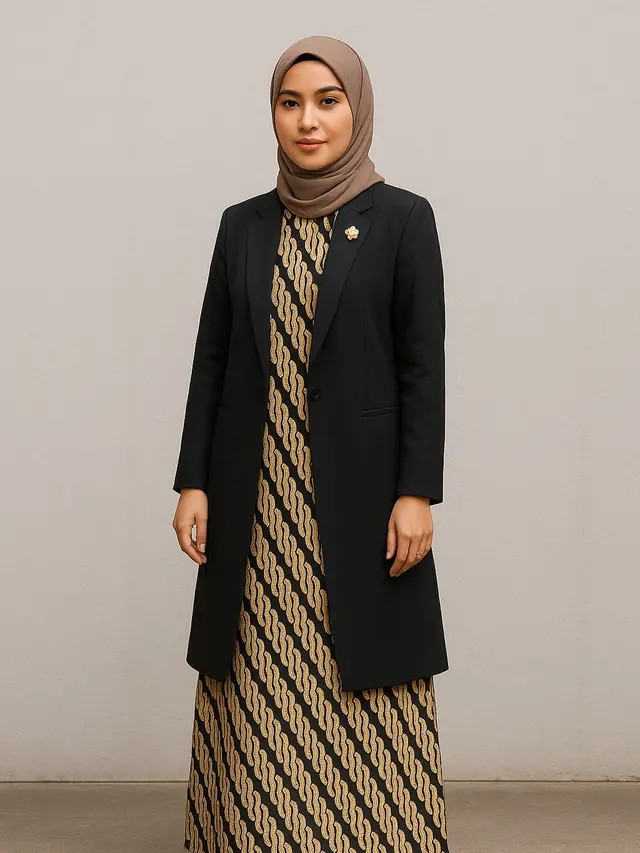 Gamis Batik dengan Blazer Polos (Foto: ChatGPT)