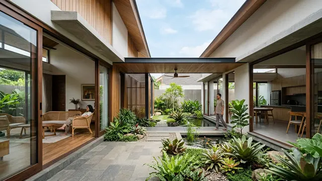 Rumah dengan Koridor Terbuka di Tengah Bangunan