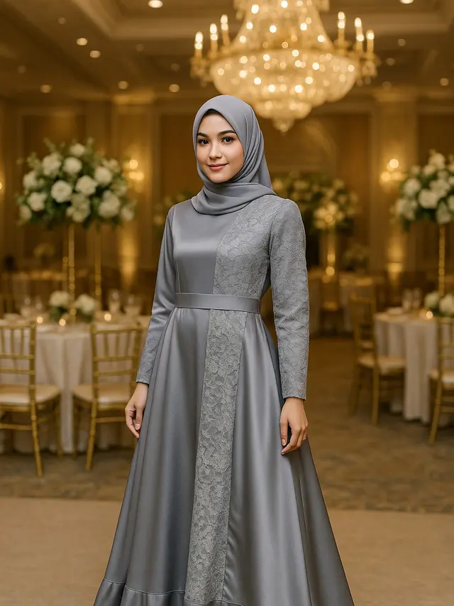 Model Gamis Kondangan Abu Abu