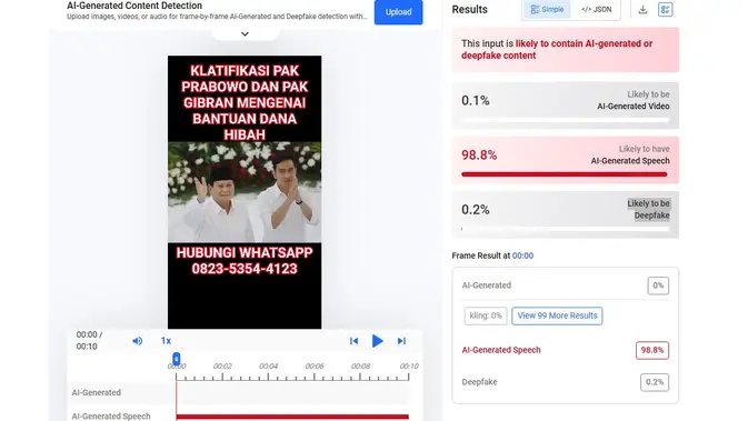 Video klaim Presiden Prabowo dan Wapres Gibran mengumumkan bantuan dana hibah menunjukkan hasil AI. (Foto: tangkapan layar Hive Moderation)