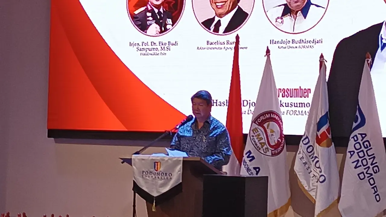 Ketua Dewan Pembina Forum Masyarakat Indonesia Emas (Formas) Hashim Djojohadikusumo di Podomoro University, Jakarta, Jumat (11/10/2024) (Liputan6.com/Nur Habibie)