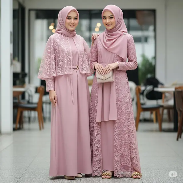 Gamis Dusty Pink Kombinasi Lace Modern 2025. Foto: Gemini