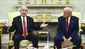 Presiden Amerika Serikat (AS) dan Perdana Menteri Israel, Benjamin Netanyahu, di Gedung Putih pada Senin (7/4/2025). (Dok. Pool via AP)