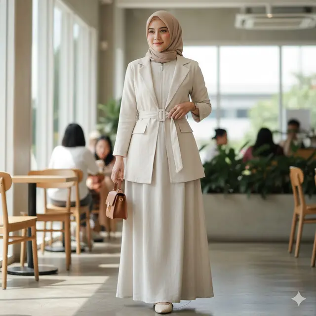 Gamis Busui Friendly dengan Blazer Belted (Gemini AI)