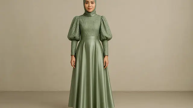 Model Gaun Pesta Muslimah Kombinasi Brokat dan Satin/Ilustrasi AI