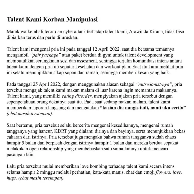 Klarifikasi Kite Entertainment soal Arawinda Kirana dituding pelakor. (Foto: Dok. Instagram @kite.entertainment)