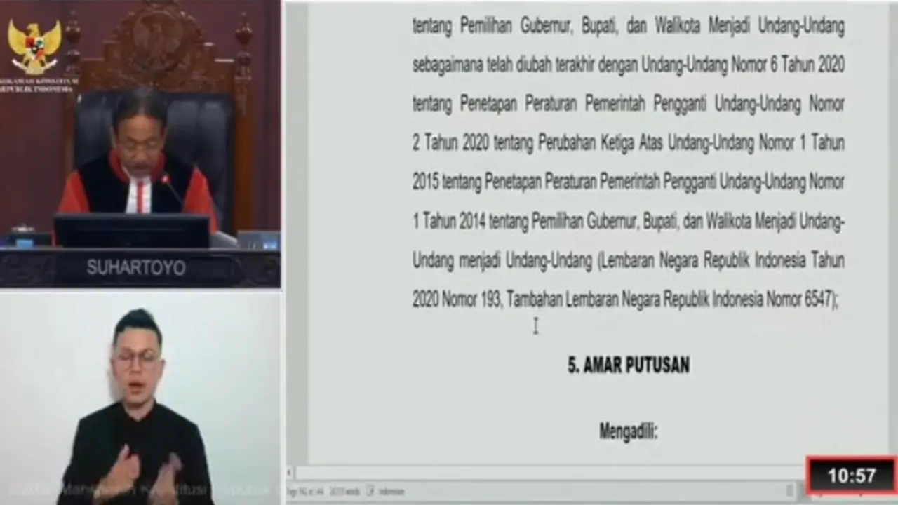 Pembacaan putusan Dismissal sengketa Pilkada Banyuwangi oleh Hakim MK  Suhartoyo (Istinmewa)