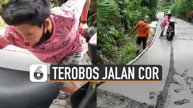 Ada-ada saja tingkah pengendara motor yang satu ini. Nekat terobos jalan cor padahal masih basah.