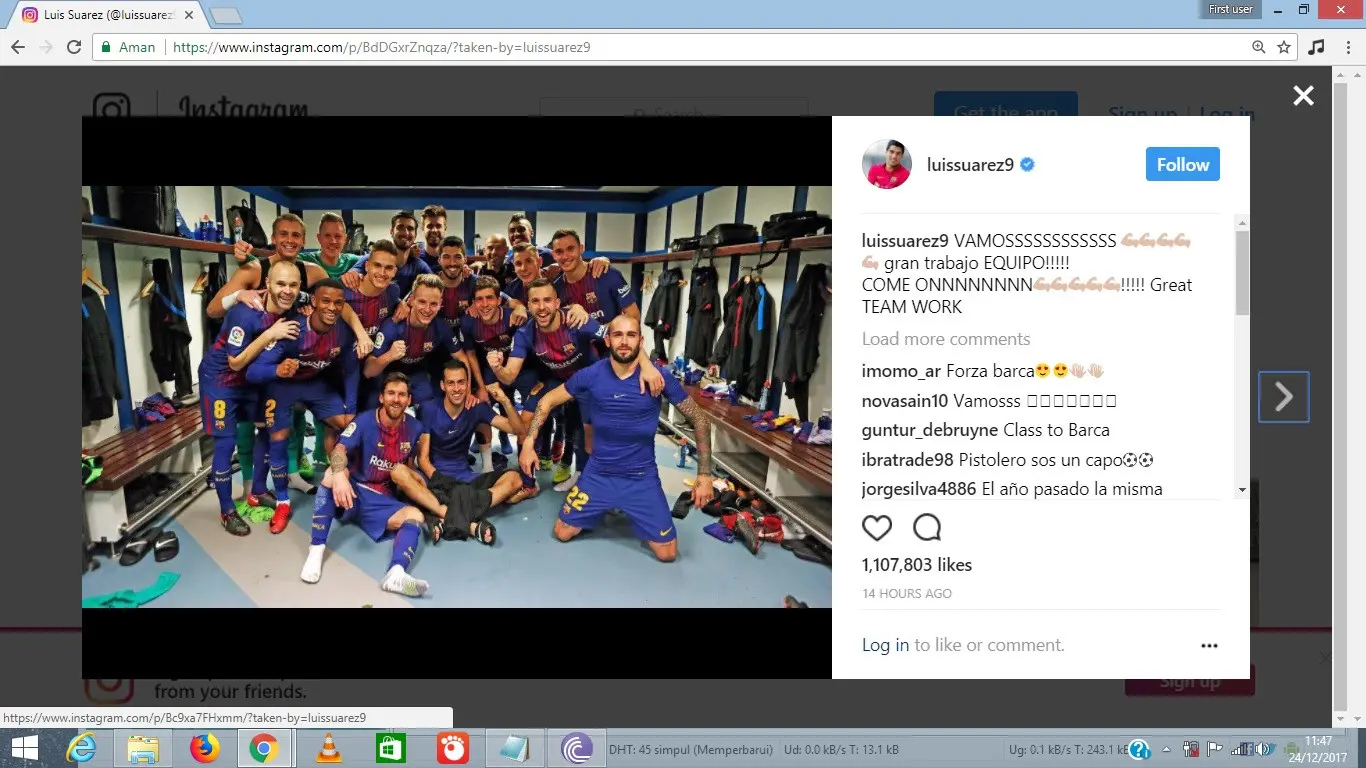 Pose para pemain Barcelona di dalam ruang ganti usai menaklukkan Real Madrid 3-0 pada laga bertajuk El Clasico di Santiago Bernabeu. (Instagram)