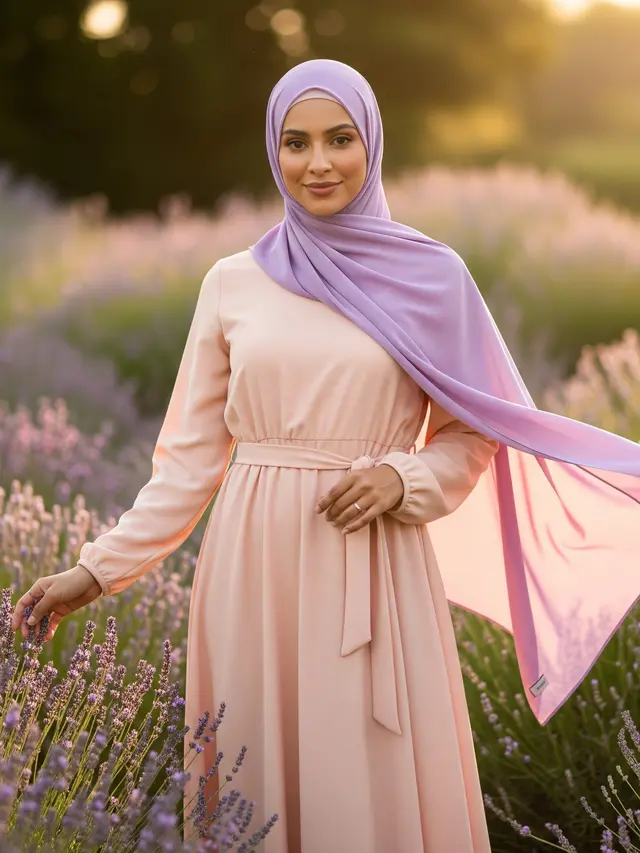 Baju Peach dengan Jilbab Ungu Muda/Lavender