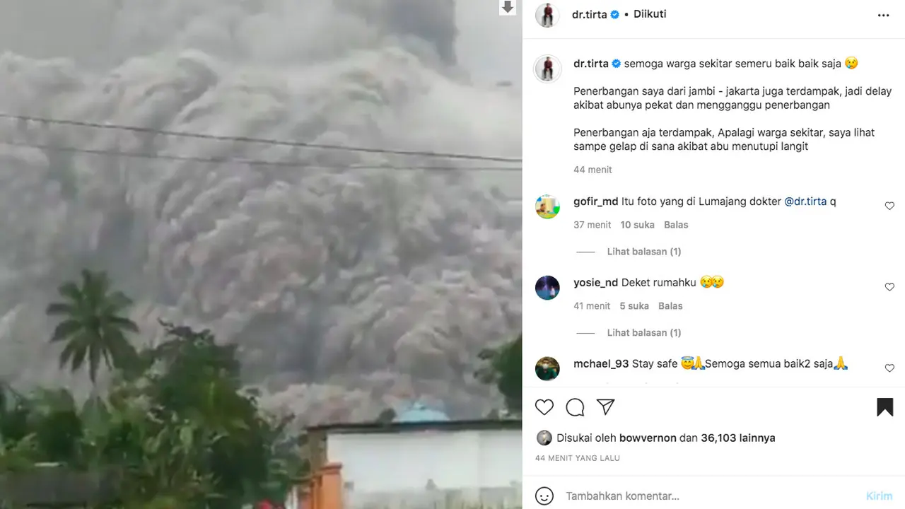 Dampak Gunung Semeru Meletus, Penerbangan Dokter Tirta ke Jakarta Tertunda. (instagram.com/