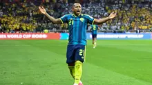 Gelandang Kolombia bernomor punggung 21, Jaminton Campaz, merayakan gol ketiga timnya selama pertandingan Grup K Piala Dunia 2026 antara Uzbekistan dan Kolombia di Stadion Kota Meksiko, Kota Meksiko, pada 18 Juni 2026. (YURI CORTEZ/AFP)