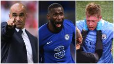 Pelatih Belgia, Roberto Martinez, berkata bahwa pelanggaran yang dilakukan oleh Antonio Rudiger dipaksa dan sembrono. Pelanggaran yang berakibat cidera hidung dan rongga mata ini, kemungkinan besar akan membuat Kevin De Bruyne absen dari Timnas Belgia di gelaran Euro 2020 (2021). (Foto Kolase: AFP)