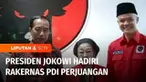 Presiden Joko Widodo menghadiri rapat kerja nasional ketiga PDI Perjuangan. Dalam Rakernas, Joko Widodo memberi wejangan khusus kepada Ganjar Pranowo, bakal calon presiden dari PDI Perjuangan.