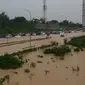 Suasana banjir yang menenggelamkan jalan tol Cibatu Karawang. (@NethaniaAlysia)