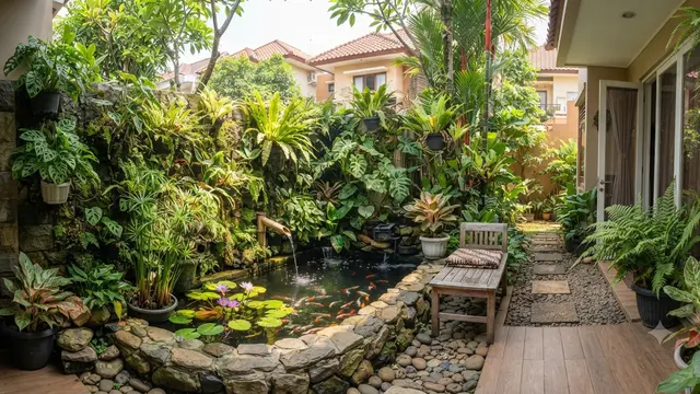Ide Desain Rumah Rimbun untuk Perumahan Panas yang Teduh dan Tetap Rapi Nyaman Model Pembuatan Kolam Ikan Kecil dengan Dinding Tanaman Air