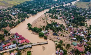 Diketahui, jembatan itu putus saat banjir deras melanda wilayah itu pada Rabu (26/11/2025), akibat hujan lebat yang terjadi dalam sepekan terakhir. Tampak foto udara menunjukkan jembatan yang rusak akibat banjir bandang di jalan utama yang menghubungkan Aceh dan Sumatera Utara di Meureudu, Kabupaten Pidie Jaya, Provinsi Aceh, pada Jumat 28 November 2025. (CHAIDEER MAHYUDDIN/AFP)
