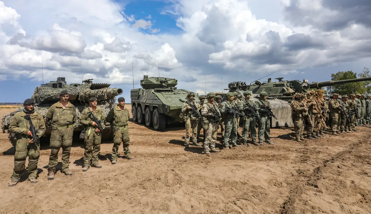 Jerman pada 26 Juni 2023 mengatakan siap untuk menempatkan 4.000 tentara di Lituania setelah negara Baltik itu meminta NATO untuk memperkuat sayap timurnya. (AFP/PETRAS MALUKAS)