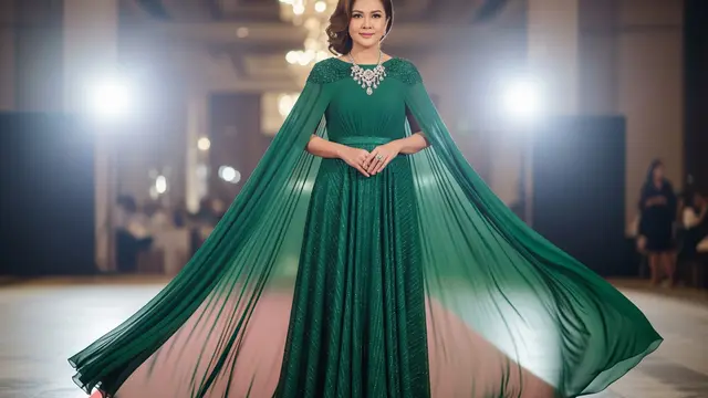 Gaun Chiffon dengan Cape Emerald Green