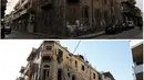 Foto kombinasi menunjukkan sebuah bangunan di Homs, Suriah, pada tanggal 26 Desember 2008 (atas) dan bangunan yang sama telah rusak setelah perang saudara antara pemberontak dan pembela rezim Bashar al Assad, pada 13 Mei 2014. (REUTERS/Omar Sanadiki)