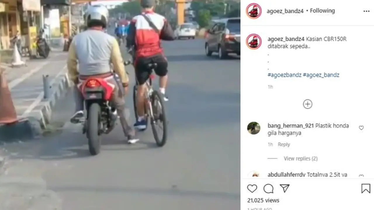 Tangan Lepas Setang, Pesepeda Ini Tabrak Motor di Pinggir Jalan (Instagram @agoez_bandz4)