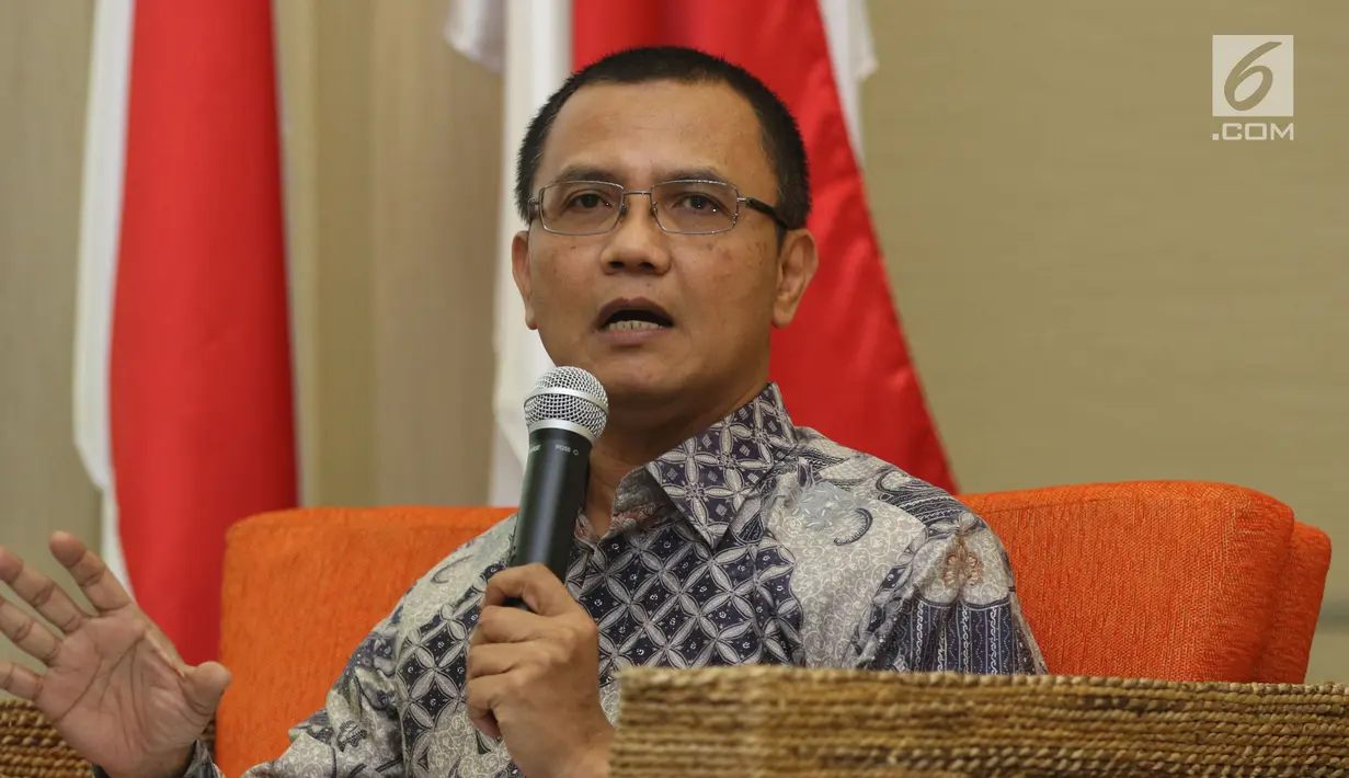 Ketua Dewan Pengawas Badan Pengelola Keuangan Haji, Yuslam Fauzi saat menghadiri diskusi Manfaat Investasi Dana Haji Untuk Umat di Kemkoinfo, Jakarta, Sabtu (5/8). Diskusi dihadiri Menteri Agama, Lukma Hakim Saifuddin. (Liputan6.com/Helmi Fithriansyah)