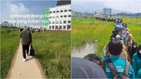 Viral puluhan mahasiswa berangkat kuliah melewati sawah dengan pemandangan Masjid Al Jabbar. (Sumber: TikTok/nelapyu/emm.zakiy_)