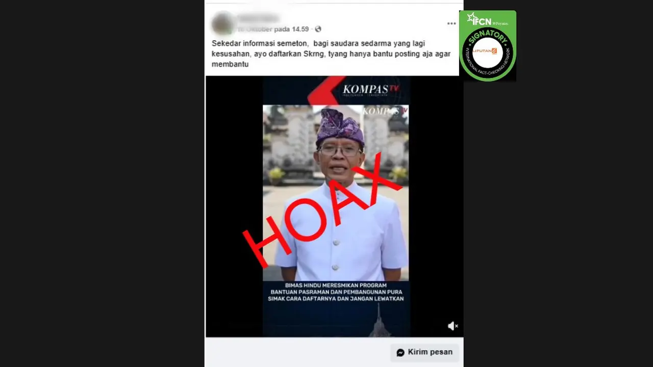 Cek Fakta Liputan6.com mendapati klaim video Dirjen Bimas Hindu mengumumkan program bantuan umat dan pembangunan pura.