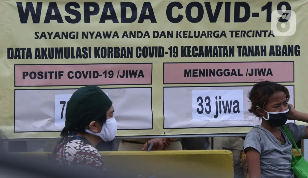 Warga duduk di depan tanda peringatan bahaya COVID-19 di sekitar Pasar Blok A Tanah Abang, Jakarta, Selasa (1/9/2020). Guna meningkatkan kewaspadaan warga, muspida kecamatan Tanah Abang memajang peti mati dilengkapi data jumlah korban COVID-19 di wilayah tersebut. (Liputan6.comHelmi Fithriansyah)