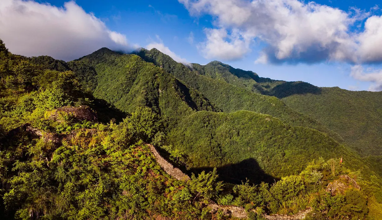 Foto dari udara pada 29 Juni 2020 menunjukkan pemandangan peninggalan kompleks desa kuno di Minzhu, sebuah kota di Wilayah Langao, Provinsi Shaanxi, China. Terletak di daerah pegunungan di Gunung Bashan, peninggalan kompleks desa tersebut berasal dari masa Dinasti Ming (1368-1644). (Xinhua/Tao Ming)