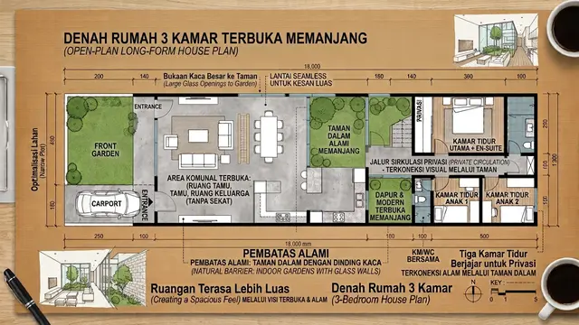 Denah Rumah 3 Kamar Tanpa Sekat untuk Lahan Memanjang (AI Generated)