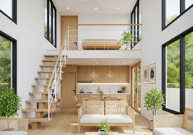 Mezzanine dengan Konsep Tropis/Inspirasi Interior Rumah Mezzanine Terbuka dan Lega (Sumber: gemini.com)