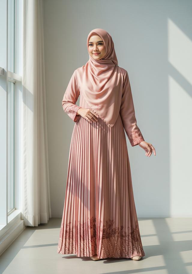 4. Gamis Rose Gold dengan Detail Pleats dan Batik Halus