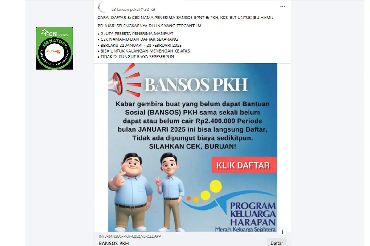 Tangkapan layar link pendaftaran pencairan bansos sebesar Rp 2,4 juta