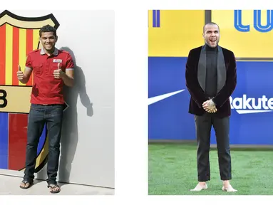 Dani Alves akhirnya kembali ke Barcelona setelah lima tahun berselang. Menariknya, ia selalu tampil nyentrik saat diperkenalkan sebagai pemain baru Barcelona. Pada tahun 2008, ia terlihat hanya memakai sandal jepit, sedangkan sekarang, ia tak menggunakan alas kaki alias nyeker. (Foto Kolase: AFP)