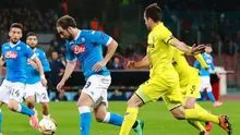 Striker Napoli, Gonzalo Higuain, gagal membawa timnya lolos ke babak 16 besar Liga Europa, setelah disingkirkan Villarreal lewat agregat 1-2. (AFP/Carlo Hermann)
