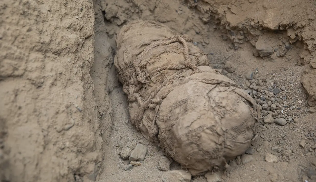 Sebuah mumi terlihat di situs arkeologi Cajamarquilla, di mana enam mumi anak-anak ditemukan di Cajamarquilla, dekat Lima, Peru pada 13 Februari 2022. Menurut para arkeolog, mumi tersebut berusia antara 800 hingga 1.200 tahun. (Guadalupe Pardo / AFP)