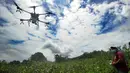 <p>Petani menerbangkan drone untuk menyemprotkan pupuk mikro pada lahan jambu kristal di pusat pengembangan pertanian Agribusinnes and Technology Park (ATP) IPB University, Dramaga, Kabupaten Bogor, Jawa Barat, Jumat (17/2/2023). Penggunaan drone tersebut untuk membantu meningkatkan hasil produksi jambu kristal serta efisiensi tenaga dan waktu. (merdeka.com/Arie Basuki)</p>