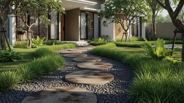 Inspirasi Jalan Setapak dengan Rumput Gajah Mini untuk Taman Minimalis