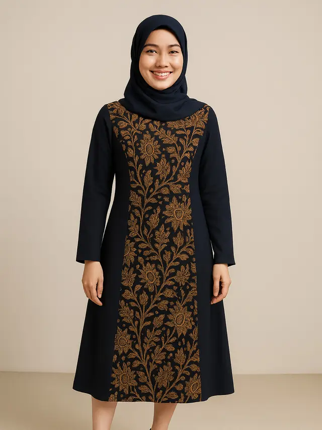Dress Batik Kombinasi Kain Polos Warna Biru dan Hitam Modern/Ilustrasi AI