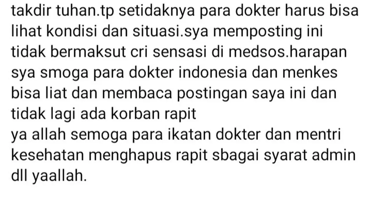 Tangkapan Layar sebuah unggahan akun media sosial soal bayi diduga korban rapid test dan meninggal di Cepu, Blora (Liputan6.com/Ahmad Adirin)