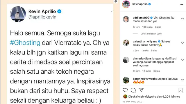 Kevin Aprilio Enggan Lagu Baru Vierratale Dikaitkan dengan Drama Kaesang Pangarep dan Felicia Tissue