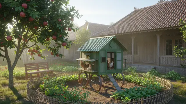 Model Halaman Belakang Rumah di Desa untuk Ternak Kecil. AI