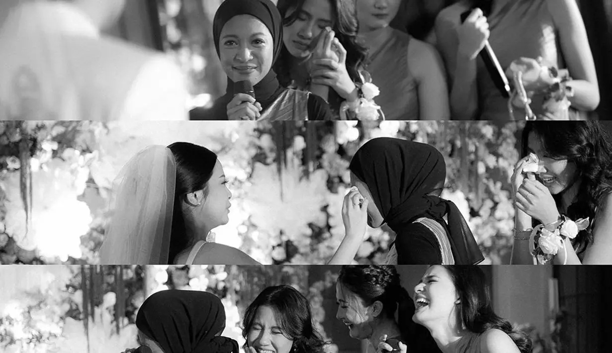 Diselimuti haru bahagia, para bridesmaid Hanggini selalu menangis dari akad sampai resepsi. Hal tersebut diungkapkan oleh Shenina Cinnamon dan terlihat juga dari sederet foto yang diunggah di Instagram. Berkesempatan sampaikan speech, bridesmaid wanita yang akrab disapa Jeha itu berulang kali mengusap air mata. Sudah seperti keluarga, persahabatan Jeha didoakan langgeng. (Liputan6.com/IG/@animrf)