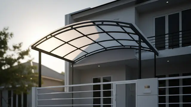 Ide Pagar Rumah Kombinasi Besi dan Kanopi Transparan. AI