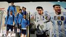 Pemain Timnas Argentina Lionel Messi (kanan atas) bersama rekan setimnya tiba di Bandara Internasional Hamad, Doha, Qatar, Kamis (17/11/2022). Argentina akan memainkan pertandingan pertama di Piala Dunia 2022 melawan Arab Saudi pada 22 November. (AP Photo/Hassan Ammar)
