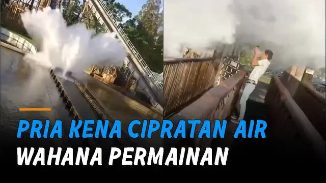 Hingga akhirnya pria itu terkena cipratan air yang sangat deras dan basah kuyup.