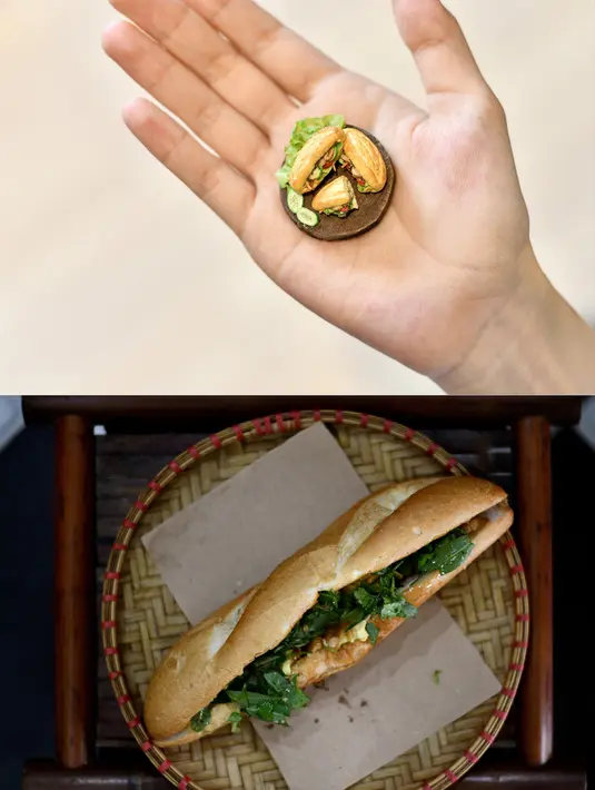 Foto kombinasi yang diambil dan dibuat pada tanggal 18 Agustus 2020 ini menunjukkan seniman miniatur Nguyen Thi Ha An memegang kreasinya "Banh Mi" di studionya (atas) dan sepiring banh mi berukuran nyata di sebuah restoran di Hanoi, Vietnam. (Manan VATSYAYANA/AFP)